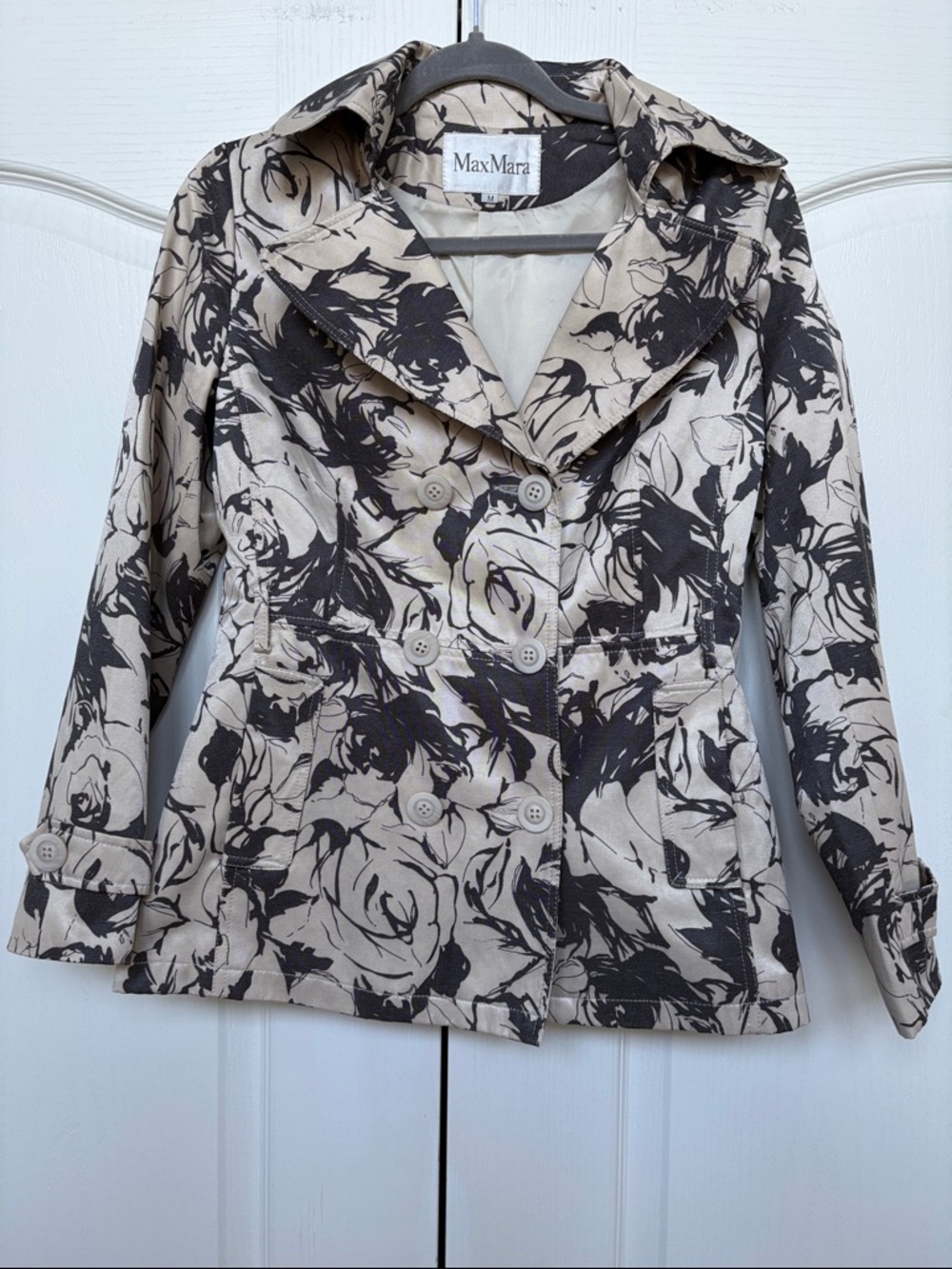 MaxMara Beige and Black Floral Double-Breasted Pea Coat